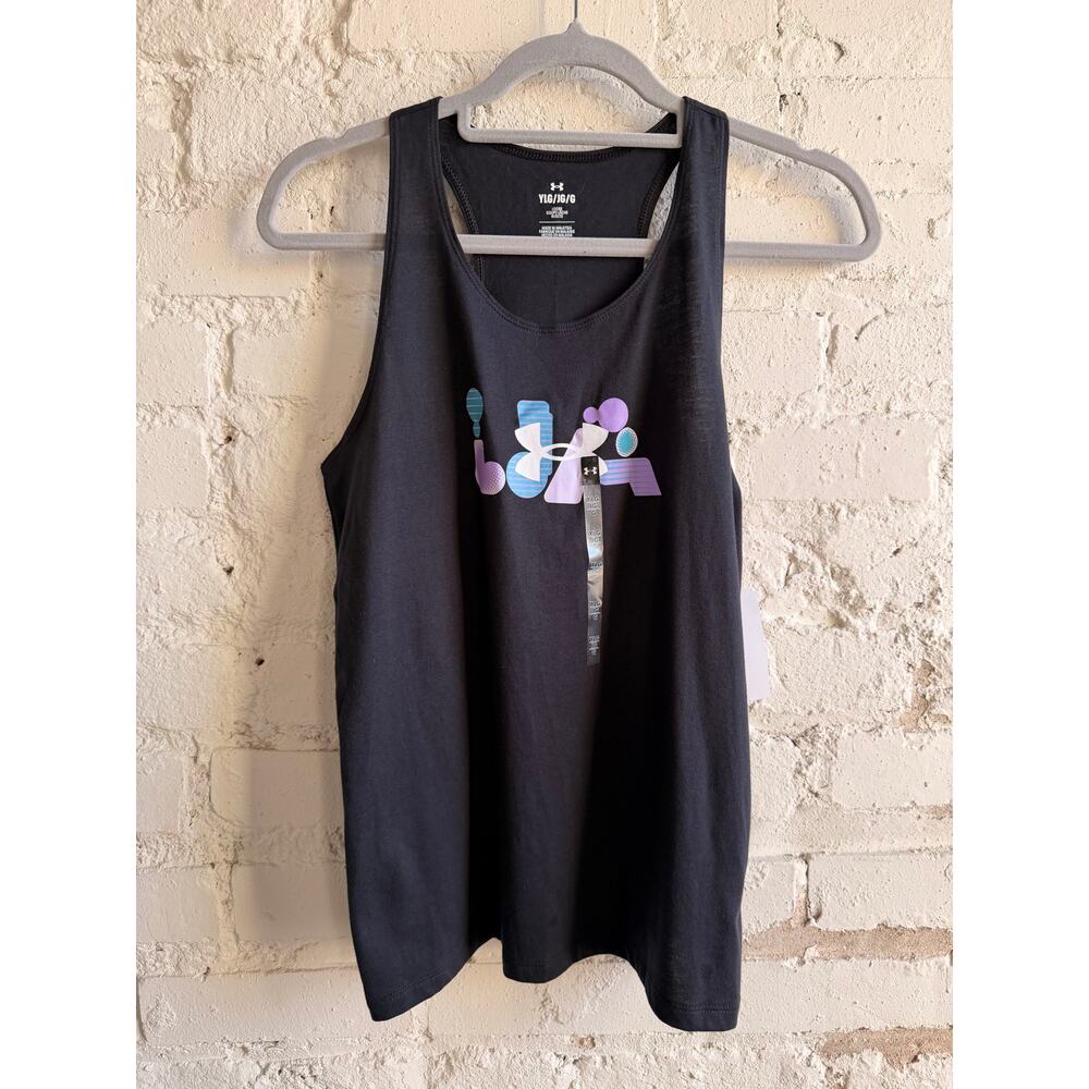 Under Armour Girls YLG Black Graphic Racerback Tank Top NWT Loose Fit